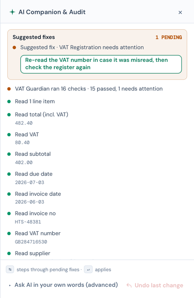 The AI Companion feed: a Suggested fixes block offering 'Re-read the VAT number in case it was misread, then check the register again', then the line 15 of 16 checks passed, then each field as it was read with its value, and the folded-away fix box at the foot.