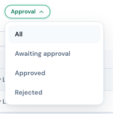 The Approval filter menu open on the History screen, showing All, Awaiting approval, Approved and Rejected options.
