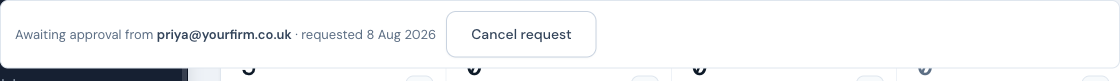 The approval strip on a History detail: an 'Awaiting approval from' line naming the approver, with a Cancel request button.