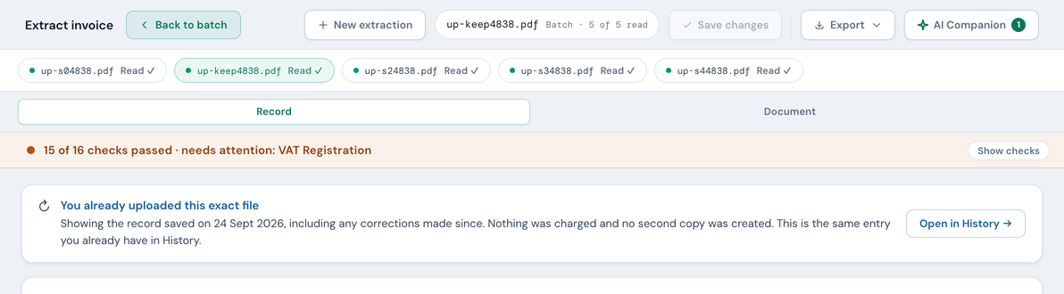 Drilled into a batch: the top bar shows Back to batch, the New extraction button and a file chip reading Batch, 5 of 5 read, and a strip of five chips beneath it names each file with Read and a tick, the current one highlighted; the band and the record sit below.