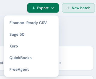 The batch screen's Export menu open in the top bar, listing Finance-Ready CSV, Sage 50, Xero, QuickBooks and FreeAgent.