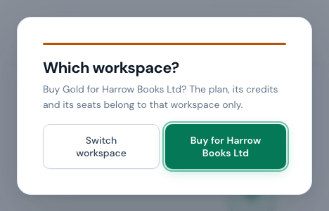 The Which workspace? question: Buy Gold for Harrow Books Ltd? The plan, its credits and its seats belong to that workspace only, with a Switch workspace button and a Buy for Harrow Books Ltd button.