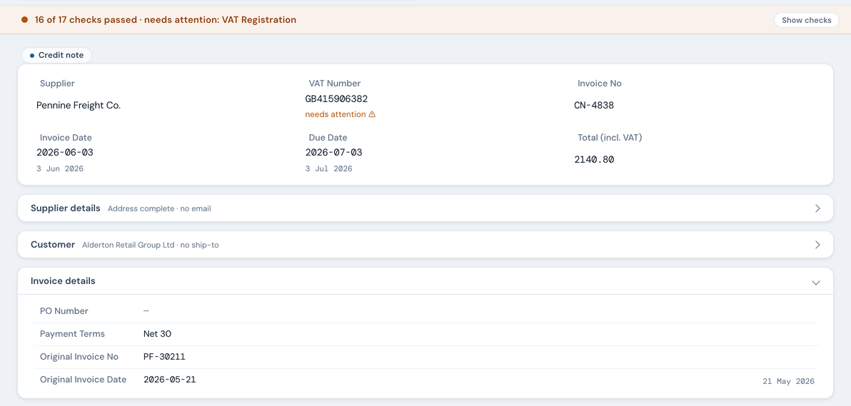A credit note on the Extract screen: the band reads 16 of 17 checks passed, the Credit note pill sits above the record, and the Invoice details card is open showing the Original Invoice No and Original Invoice Date fields.