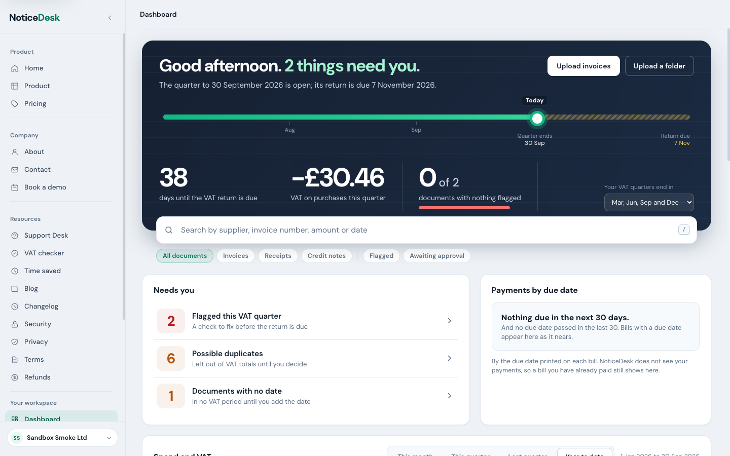 The Dashboard: a dark band with the greeting, a line across the VAT quarter to the return deadline with today marked, and three figures beneath it (days until the return is due, VAT on purchases this quarter, and how much of it is on documents with nothing flagged), the search bar, the Needs you list, and beside it Ready for your ledger and Bills by due date.