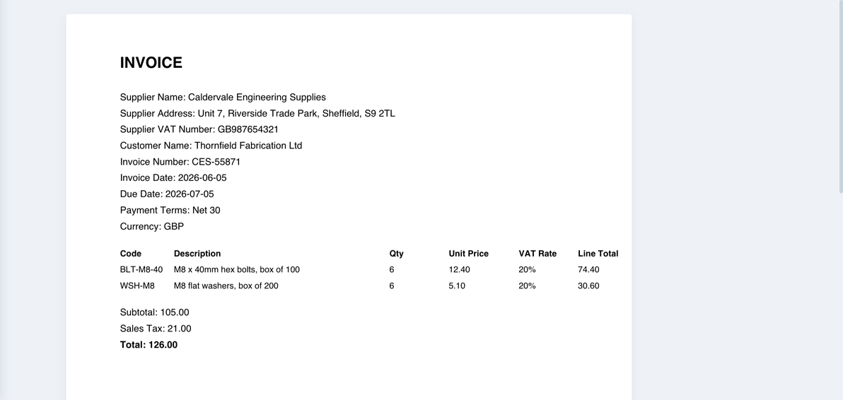 The Document tab: the uploaded invoice drawn as a white page on the grey stage, with the Record tab beside it.