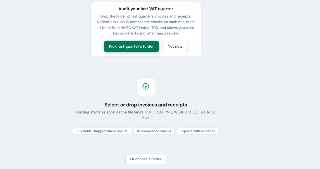 The Extract screen before a file lands: a full-screen dropzone reading Select or drop invoices and receipts, the note that reading starts as soon as a document is dropped, listing PDF, JPEG, PNG, WEBP and HEIC up to 50 files, three chips (30+ fields flagged where unsure, 16 compliance checks, exports with evidence) and an Or choose a folder button beneath.