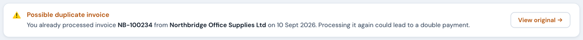 The duplicate warning banner above the record: 'Possible duplicate invoice. You already processed invoice NB-100234 from Northbridge Office Supplies Ltd on 3 Jun 2026. Processing it again could lead to a double payment' with a View original button.