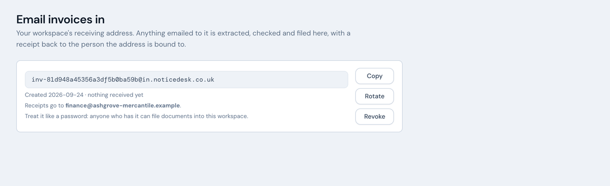 The Email-in screen showing the workspace's receiving address with copy, Rotate and Revoke controls.