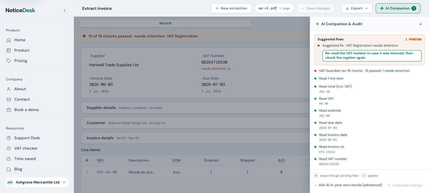 The Extract screen after a read: the Record tab selected, the band at the top reading 15 of 16 checks passed, a header card with the key fields in a grid, closed Supplier details, Customer and Invoice details cards beneath with a one-line summary each, then the line items, and the AI Companion feed open over the right edge of the record.