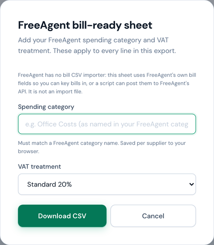 The FreeAgent bill-ready sheet dialog: a note that FreeAgent has no bill CSV importer, a spending category field reading Office Costs, a VAT treatment selector showing Standard 20%, and a Download CSV button.
