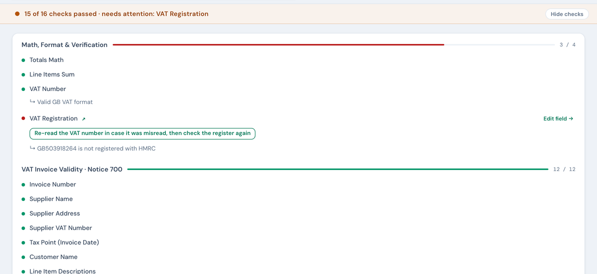 The band at the top of the record reading 15 of 16 checks passed, needs attention: VAT Registration, with a Hide checks button, and the full list open beneath it: Math, format and verification with VAT Registration failing, a Re-read the VAT number button and Edit field, then VAT invoice validity, Notice 700, with every row passing.