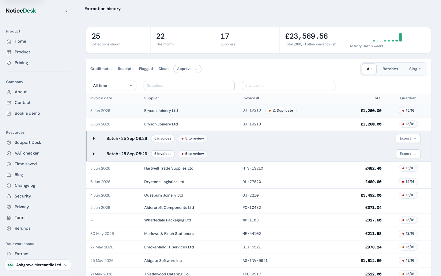 The History screen: search bar with supplier search, date preset dropdown and underline filter tabs, a collapsed batch group header with its to-check pill, and invoice rows showing Guardian score pills and a duplicate flag.