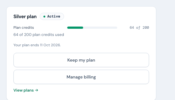 The Plan & billing card for a Silver plan set to end, with the note 'Your plan ends 11 Oct 2026.' and the Keep my plan and Manage billing buttons.