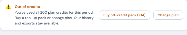 The out-of-credits notice: 'You've used all 200 plan credits for this period. Buy a top-up pack or change plan. Your history and exports stay available', with Buy 50-credit pack and Change plan buttons.