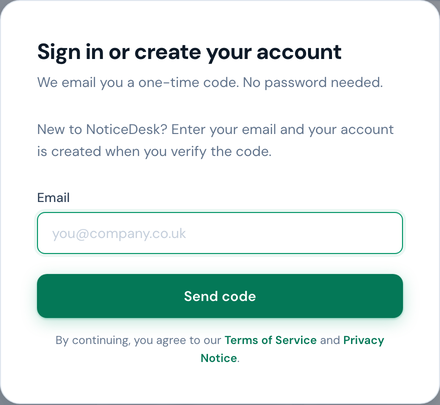 The sign-in dialog: an email field and a Send code button.