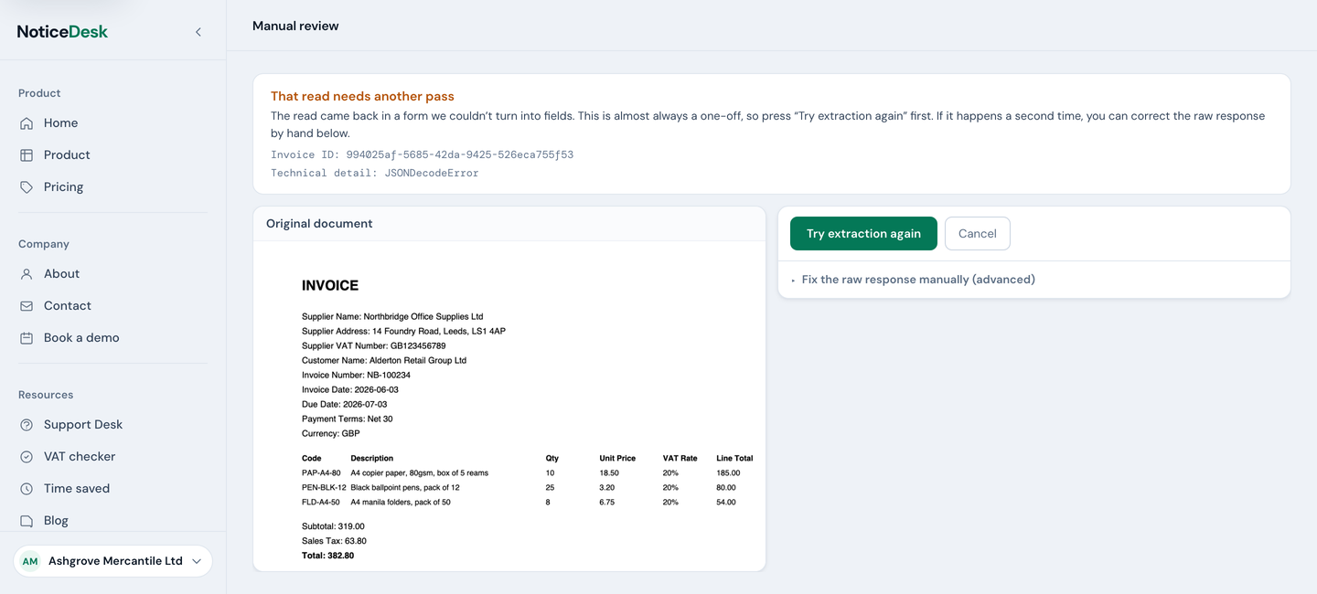 The manual review screen: a 'That read needs another pass' banner, the original document on the left, and a Try extraction again button with a collapsed advanced editor on the right.