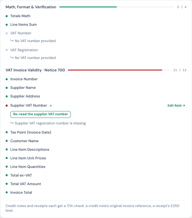 The Guardian banner for a US-dollar invoice: Supplier VAT Number fails with Edit field and Re-read buttons, the VAT number and registration checks are skipped because no VAT number was provided, and the remaining checks pass.