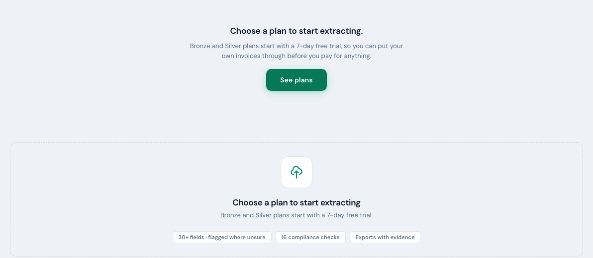 The 'Choose a plan to start extracting' panel at the top of the Extract screen, with a note about the free trial and a See plans button, and the upload dropzone waiting beneath it.