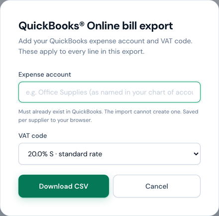 The QuickBooks Online bill export dialog: an expense account field reading Office Supplies, a VAT code selector showing 20.0% S, and a Download CSV button.