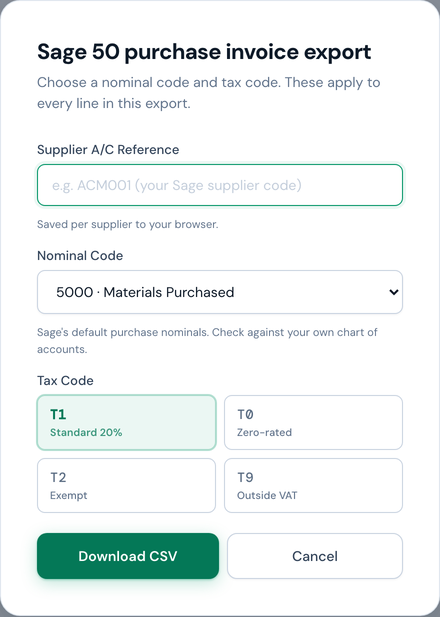 The Sage 50 export dialog: supplier A/C reference field, nominal code selector showing 5000 · Materials Purchased, tax code buttons T1, T0, T2 and T9, and a Download CSV button.