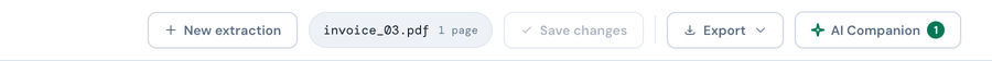The top bar on the Extract screen: the New extraction button, the file chip naming invoice_03.pdf, Save changes, the Export menu and the AI Companion button.