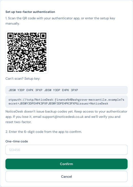 The Security screen mid-enrolment: a QR code, the manual setup key beside it, and the one-time code field with a Confirm button.