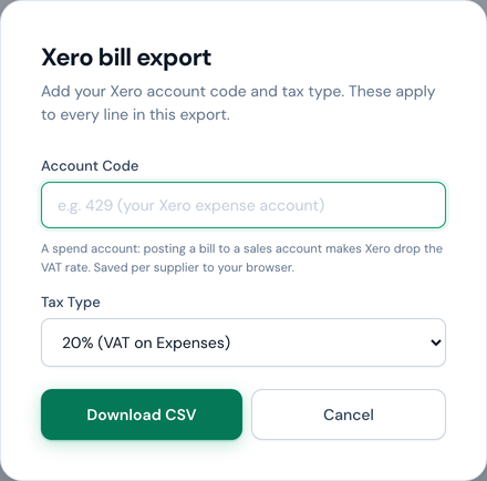 The Xero bill export dialog: account code field, tax type selector showing 20% (VAT on Expenses), and a Download CSV button.